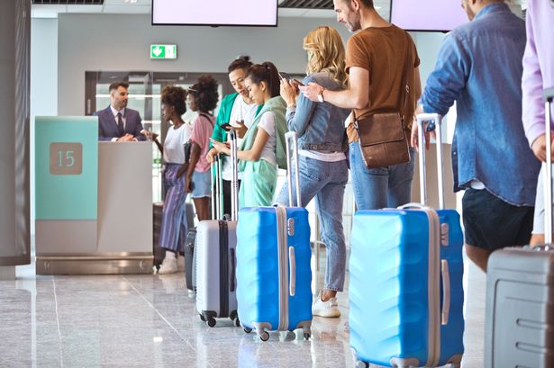 Passengers with luggage using smart phones while waiting in line at airport.