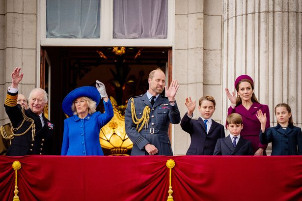 LONDON, ENGLAND - MAY 5: (left to right) King Charles III, Queen Camilla, the Prince of Wales, Prince George, the Princess of Wales, Prince Louis and Princess Charlotte on the balcony of Buckingham Palace, London, to view the fly past featuring the Royal Air Force's Red Arrows and current and historic military aircraft, at the end of the military procession marking the 80th anniversary of VE Day, and in honour of those who served during the Second World War, on May 5, 2025 in London, England. Around 1300 members of the armed forces, including the Royal Navy, the Royal Marines, the British Army and the Royal Air Force, along with Commonwealth nations, Ukraine, and Nato allies are taking part in the military procession for Victory in Europe Day, which is celebrated each year on May 8, marking the day the Allies formally accepted Germany's surrender in 1945. (Photo by Aaron Chown - WPA Pool/Getty Images)