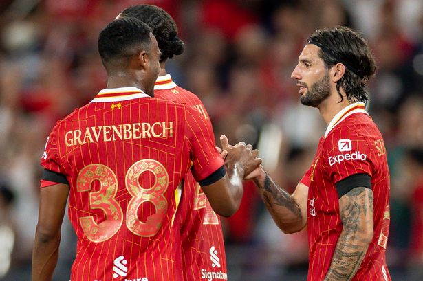 Ryan Gravenberch and Dominik Szoboszlai of Liverpool
