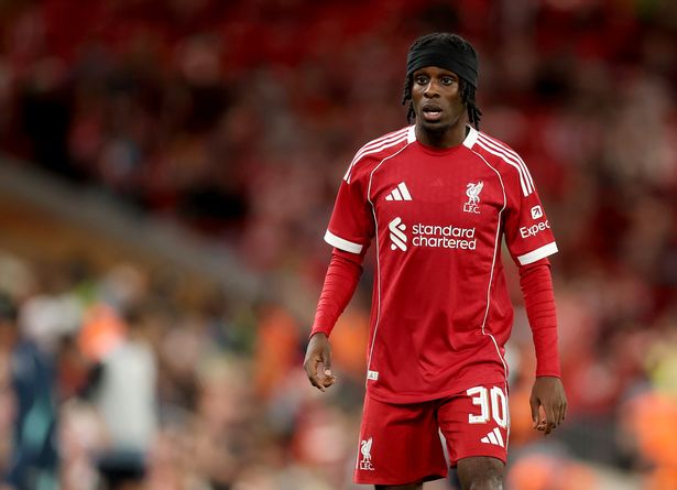 LIVERPOOL, ENGLAND - AUGUST 04:  Jeremie Frimpong of Liverpool during the pre-season friendly match between Liverpool v Athletic Club Bilbao at Anfield on August 04, 2025 in Liverpool, England. (Photo by Carl Recine/Getty Images)