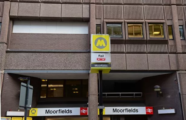 Moorfields Station on Old Hall Street and bricked up Sky walkway. Photo by Colin Lane