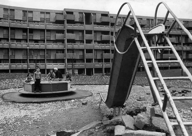 Playground in Hulme, Manchester. 2nd May 1971