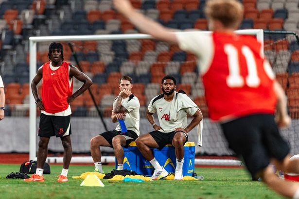 Alexis Mac Allister and Joe Gomez of Liverpool during a pre-season training session at Kai Tak Sports Park on July 23, 2025 in Hong Kong, China