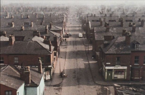 Aerial view of Moss Side taken from BBC video footage. December 21, 1973