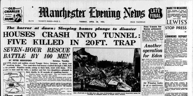 Front page of the Manchester Evening News, April 28, 1953. Clifton Hall Tunnel disaster in Swinton, Salford