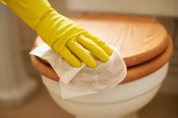 A woman wipes down a toilet seat during the 2020 global coronavirus pandemic