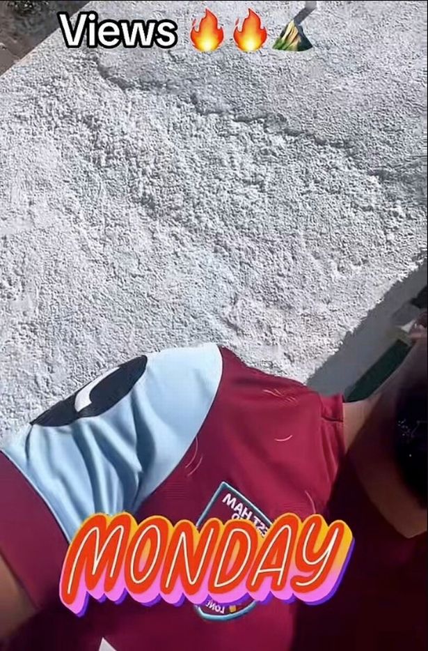 It shows Stephen Roccas, dressed in a West Ham shirt, on holiday