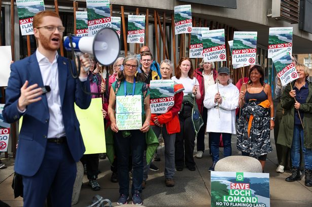 EDINBURGH, SCOTLAND - MAY 29: Scottish Green MSP Ross Greer joined campaigners outside the Scottish Parliament for a rally opposing Flamingo Land’s resort plan on the banks of Loch Lomond on May 29, 2025 in Edinburgh, Scotland.  (Photo by Jeff J Mitchell/Getty Images)