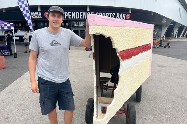 Competitors at Bristol's first Krazy Races soap box derby event, which is to take place at Victoria Park on September 7, 2025, bring their unfinished contraptions to Ashton Gate for initial safety checks, August 20, two and a half weeks before the event.