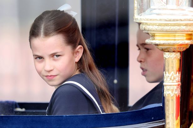 Princess Charlotte of Wales and Prince George of Wales during Trooping the Colour at Buckingham Palace on June 15, 2024 in London