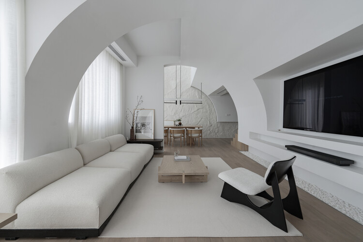 Ts Lunar Cavern Duplex Residence  / TAA DESIGN + KHOA VU  - Interior Photography, Living Room, Wood, Sofa, Lighting