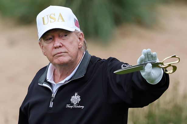 BALMEDIE,SCOTLAND - JULY 29: U.S. President Donald Trump opens his new golf course at his Trump International Golf links resort on July 29, 2025 in Balmedie, Scotland. U.S. President Donald Trump is visiting his Trump Turnberry golf course, as well as Trump International Golf Links in Aberdeenshire, during a brief visit to Scotland from July 25 to 29. (Photo by Jeff J Mitchell/Getty Images)