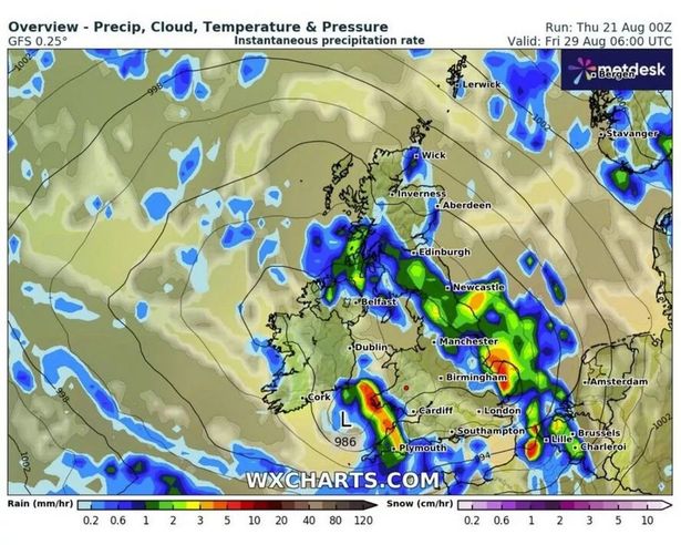 WXCharts map on rain on Friday 29.