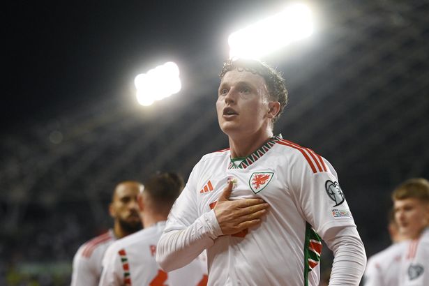Nathan Broadhead celebrates scoring an injury-time equaliser for Wales against Croatia