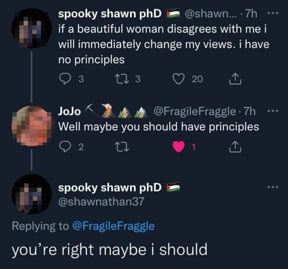 Tweet exchange about changing views and having principles