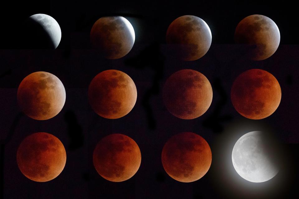Sequence of a super blue blood moon total lunar eclipse.