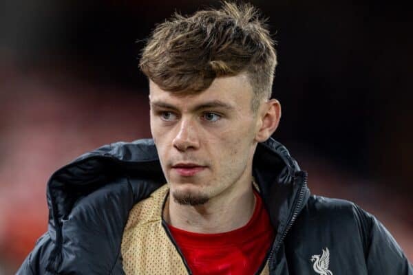 LIVERPOOL, ENGLAND - Wednesday, October 2, 2024: Liverpool's substitute Conor Bradley during the UEFA Champions League game between Liverpool FC and Bologna FC 1909 at Anfield. (Photo by David Rawcliffe/Propaganda)