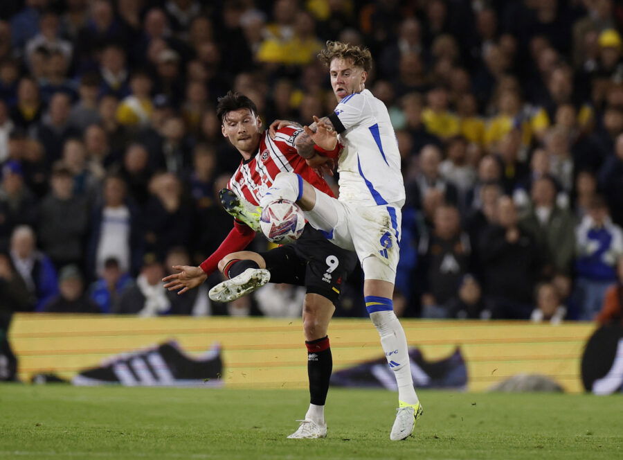leeds united defender joe rodon and sheffield united striker kieffer moore