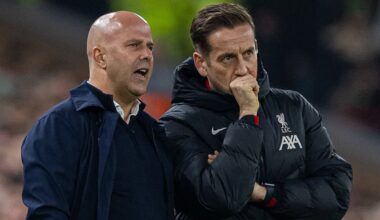 LIVERPOOL, ENGLAND - Saturday, November 9, 2024: Liverpool's head coach Arne Slot (L) and first team individual development coach Aaron Briggs during the FA Premier League match between Liverpool FC and Aston Villa FC at Anfield. Liverpool won 2-0. (Photo by David Rawcliffe/Propaganda)