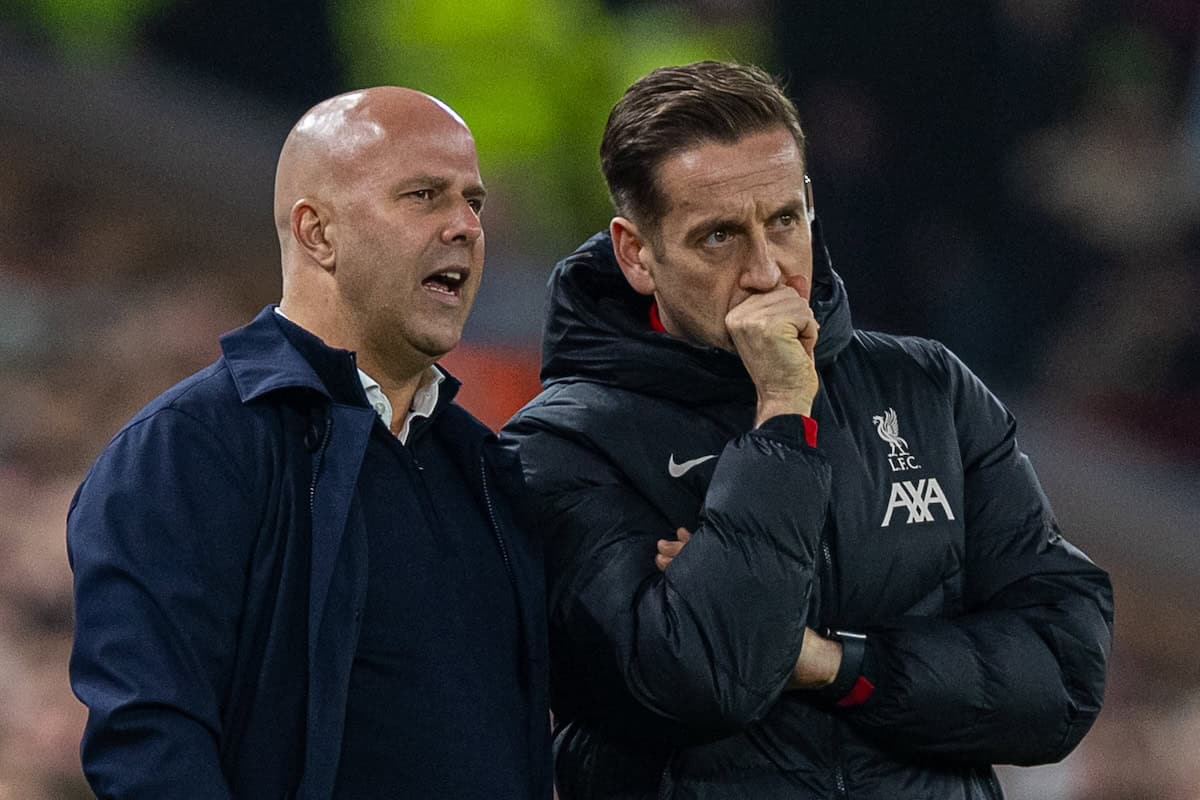 LIVERPOOL, ENGLAND - Saturday, November 9, 2024: Liverpool's head coach Arne Slot (L) and first team individual development coach Aaron Briggs during the FA Premier League match between Liverpool FC and Aston Villa FC at Anfield. Liverpool won 2-0. (Photo by David Rawcliffe/Propaganda)