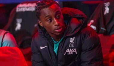 EINDHOVEN, NETHERLANDS - Wednesday, January 29, 2025: Liverpool's substitute Isaac Mabaya on the bench before the UEFA Champions League Matchday 8 game between PSV Eindhoven and Liverpool FC at the Philips Stadion. (Photo by David Rawcliffe/Propaganda)