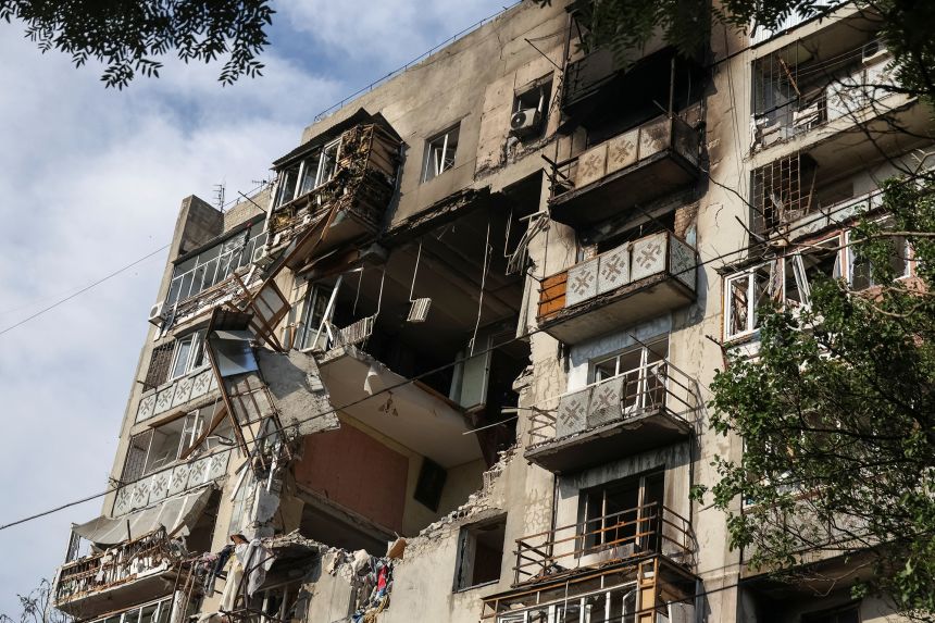 An apartment building is heavily damaged following a Russian drone strike in Odesa, Ukraine, on July 24, 2025.