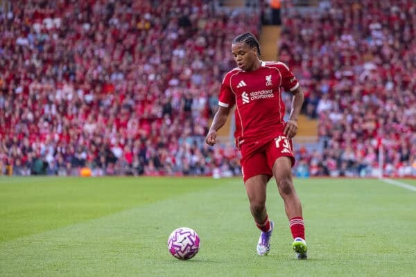 LIVERPOOL, ENGLAND - Monday, August 4, 2025: Liverpool's Rio Ngumoha during a pre-season friendly match between Liverpool FC and Athletic Bilbao at Anfield. Liverpool won 4-1. (Photo by David Rawcliffe/Propaganda)