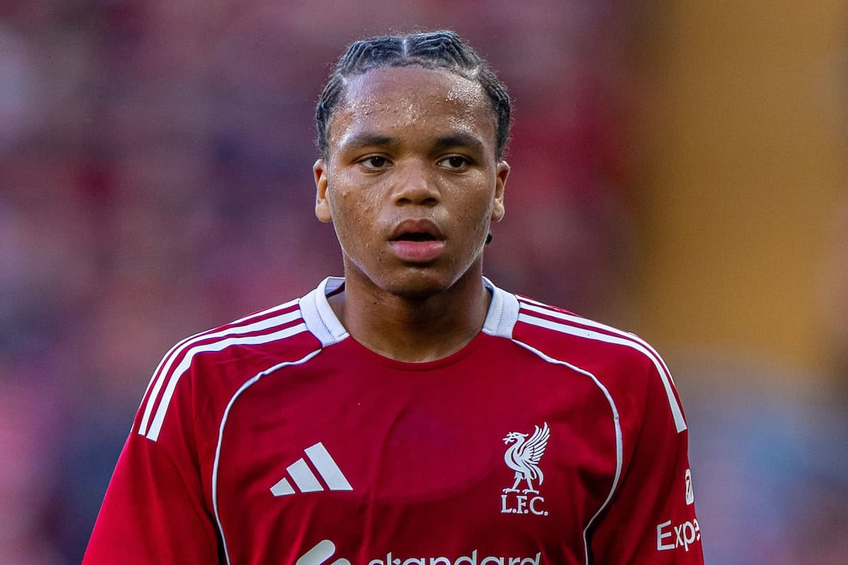LIVERPOOL, ENGLAND - Monday, August 4, 2025: Liverpool's Rio Ngumoha during a pre-season friendly match between Liverpool FC and Athletic Bilbao at Anfield. Liverpool won 4-1. (Photo by David Rawcliffe/Propaganda)