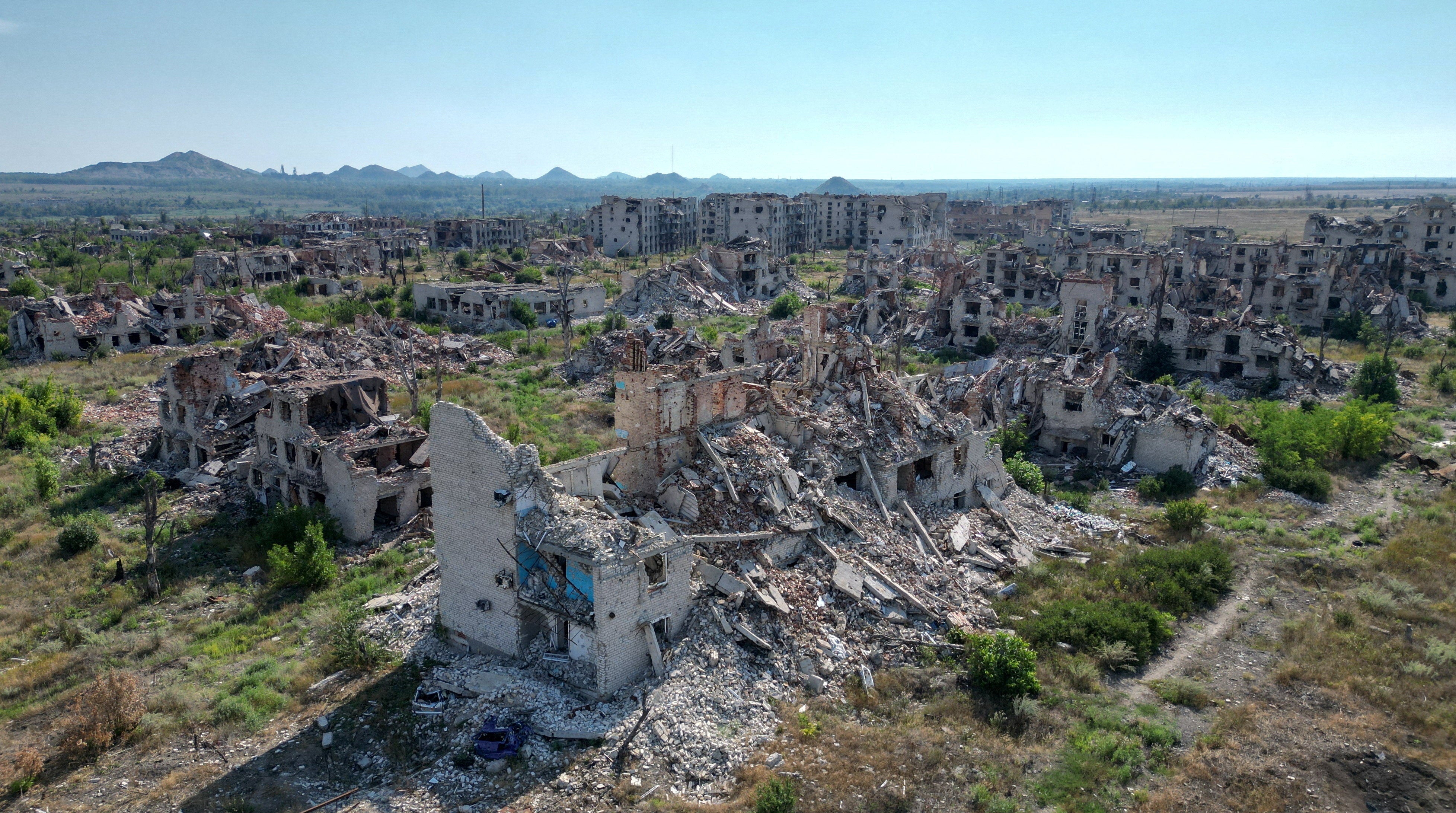A drone view shows the ruins of residential buildings in the abandoned town of Marinka, which was destroyed in the course of Russia-Ukraine conflict in the Donetsk region, a Russian-controlled area of Ukraine