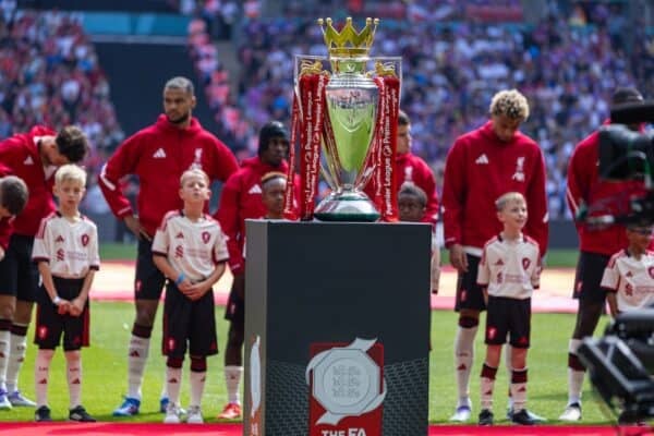 LONDON, ENGLAND - Sunday, August 10, 2025: Liverpool players line-up behind their FA Premier League trophy during the FA Community Shield match between Crystal Palace FC and Liverpool FC at Wembley Stadium. Palace won 3-1 on penalties after a 2-2 draw. (Photo by David Rawcliffe/Propaganda)