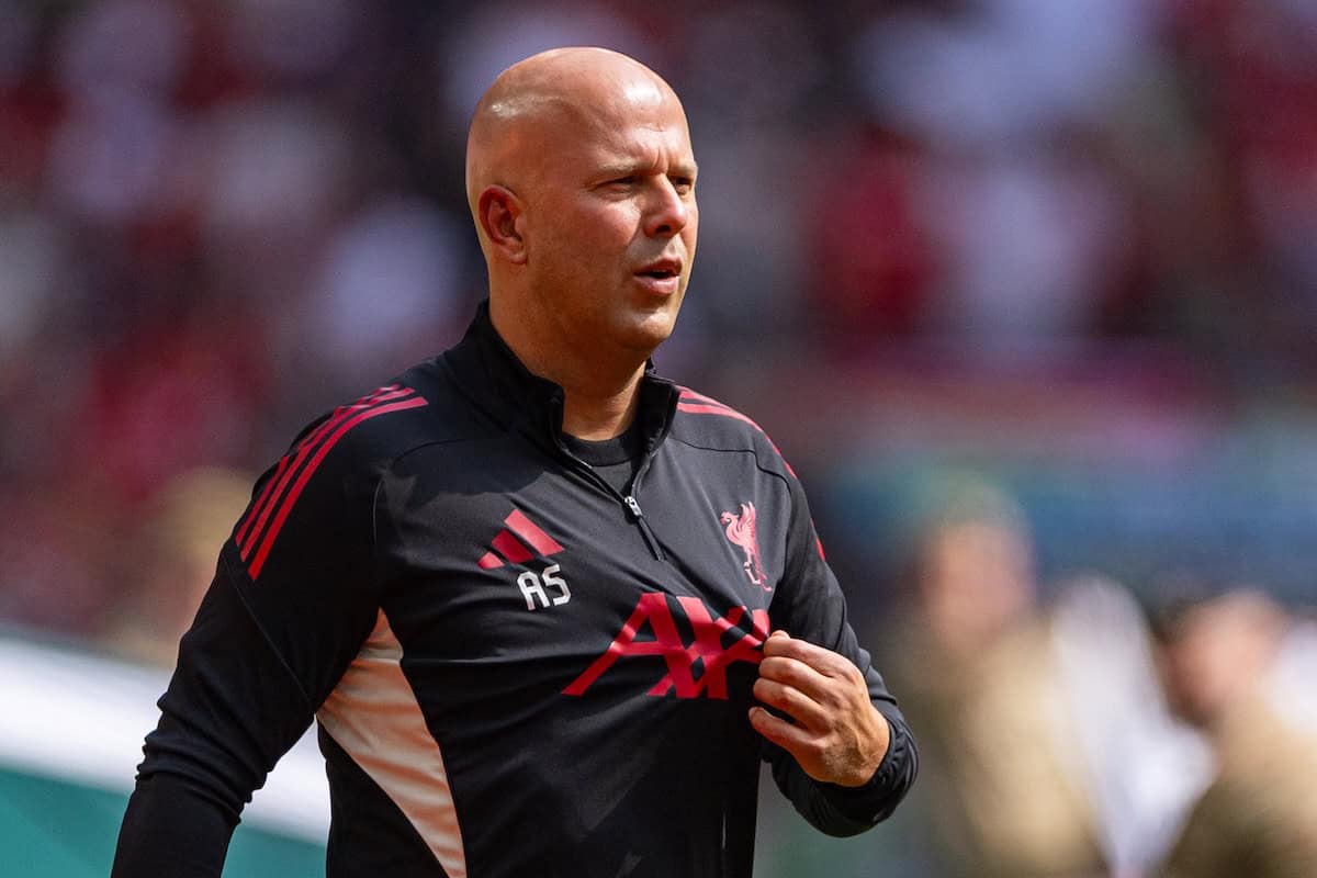 LONDON, ENGLAND - Sunday, August 10, 2025: Liverpool’s head coach Arne Slot before the FA Community Shield match between Crystal Palace FC and Liverpool FC at Wembley Stadium. Palace won 3-1 on penalties after a 2-2 draw. (Photo by Harry Murphy/Propaganda)