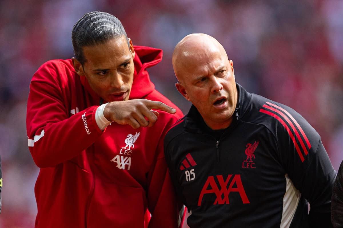 LONDON, ENGLAND - Sunday, August 10, 2025: Liverpool’s captain Virgil van Dijk and head coach Arne Slot before the FA Community Shield match between Crystal Palace FC and Liverpool FC at Wembley Stadium. Palace won 3-1 on penalties after a 2-2 draw. (Photo by Harry Murphy/Propaganda)