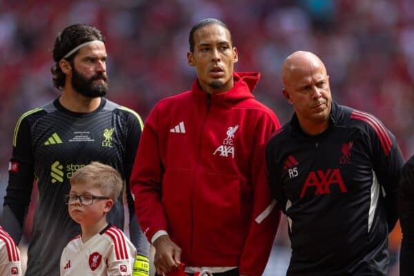 LONDON, ENGLAND - Sunday, August 10, 2025: Liverpool’s captain Virgil van Dijk and head coach Arne Slot before the FA Community Shield match between Crystal Palace FC and Liverpool FC at Wembley Stadium. Palace won 3-1 on penalties after a 2-2 draw. (Photo by Harry Murphy/Propaganda)