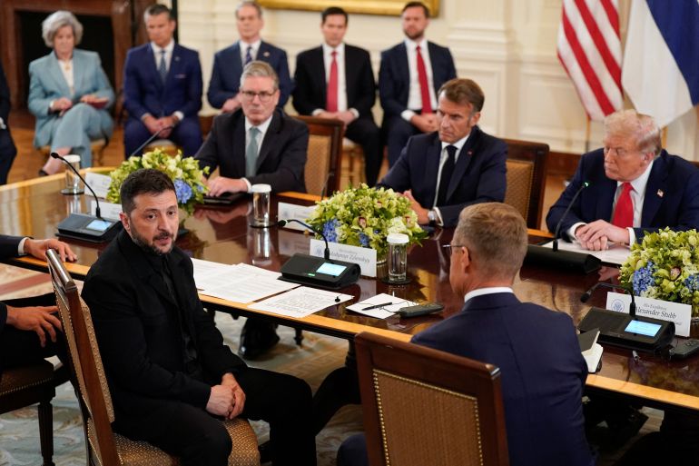 Ukrainian President Volodymyr Zelenskiy speaks during a meeting with U.S. President Donald Trump, French President Emmanuel Macron, British Prime Minister Keir Starmer, and Finland's President Alexander Stubb 