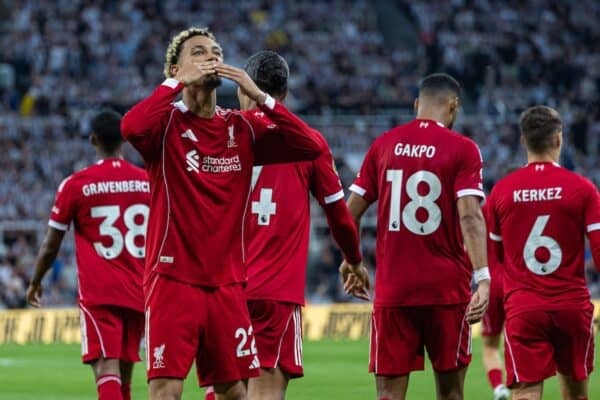 NEWCASTLE-UPON-TYNE, ENGLAND - Monday, August 25, 2025: Liverpool's Hugo Ekitike celebrates after scoring the second goal during the FA Premier League match between Newcastle United FC and Liverpool FC at St James' Park. Liverpool won 3-2. (Photo by David Rawcliffe/Propaganda)