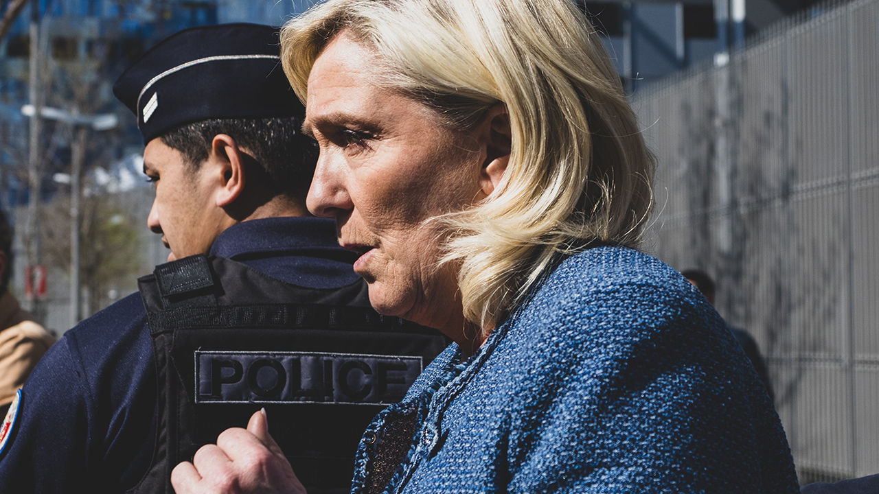 Marine Le Pen leaves the Paris court after the verdict of the trial on suspicion embezzlement of European public funds