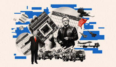 The illustration is showing a chip between Donal Trump and Jensen Huang with some digital elements and military elements in the background.