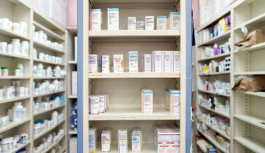 Medications are stored on shelves at a pharmacy in Los Angeles.