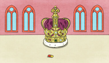 An illustration of the British crown with a pill in front that has fallen off the crown leaving a space between the gems.