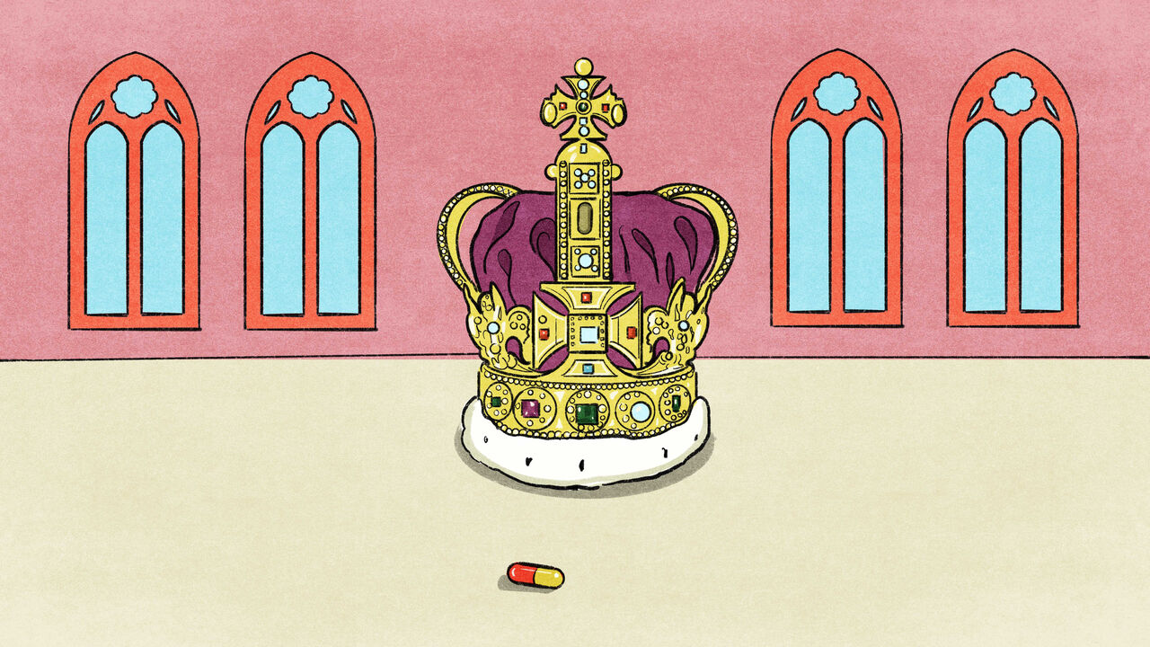 An illustration of the British crown with a pill in front that has fallen off the crown leaving a space between the gems.