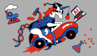 An illustration of a white unicorn with a red mane and blue armour wearing a mortarboard and a RV headset whilst riding on a Rolls Royce which is attached to a rocket.