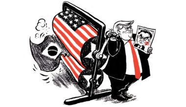An illustration of Donald Trump turning the handle on some rollers with the US flag on which is pressing the Brazil flag. He is holding a photo of Jair Bolsonaro with a lipstick stain kiss on it.