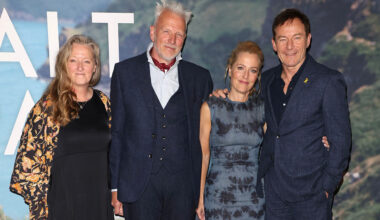 Raynor Winn, Moth Winn, Gillian Anderson and Jason Isaacs attend the London Special Screening of "The Salt Path" at the Curzon Soho on May 22, 2025 in London, England