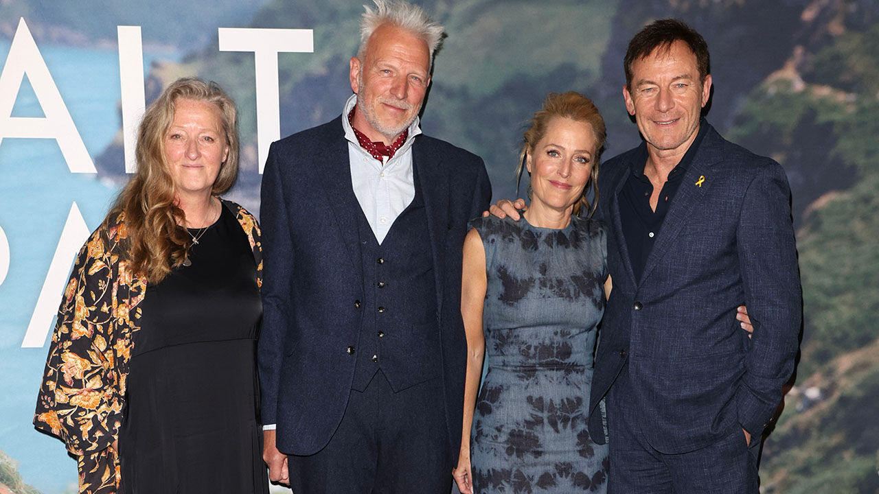 Raynor Winn, Moth Winn, Gillian Anderson and Jason Isaacs attend the London Special Screening of "The Salt Path" at the Curzon Soho on May 22, 2025 in London, England