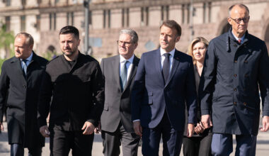 Volodymyr Zelensky, Sir Keir Starmer, Emmanuel Macron, Volodymyr Zelensky's wife Olena Zelenska and Friedrich Merz in Maidan Square in Kyiv (left to right)