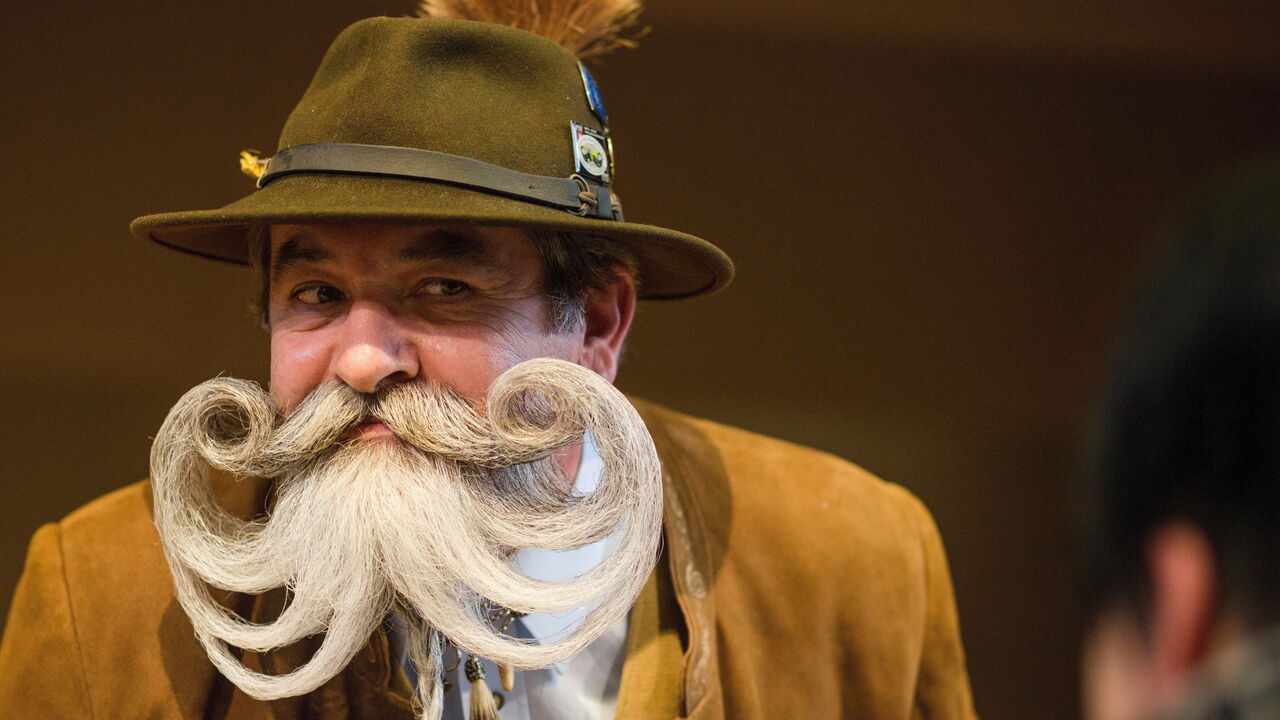 Participant shows off his beard during the International German Beard Championships in Schoemberg, Germany