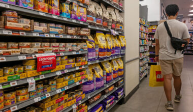 People shop for pet supplies at a pet retail store in Manhattan, New York City, USA.