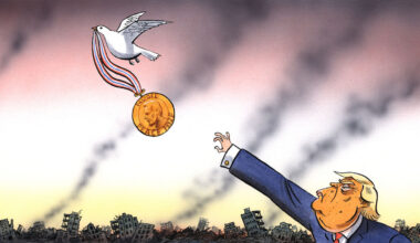 Illustration of Donald Trump reaching for a Nobel Peace Prize medal that's being carried away by a dove with a destroyed city in the background