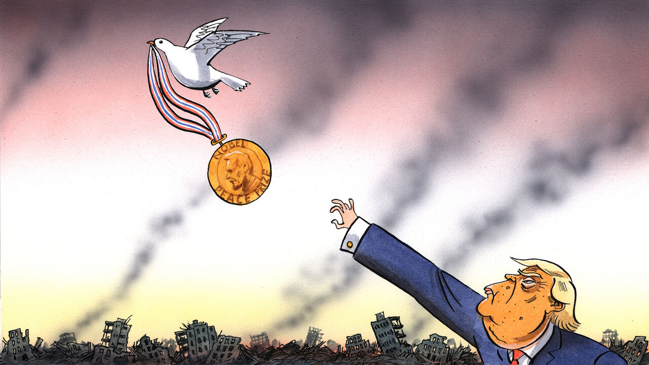 Illustration of Donald Trump reaching for a Nobel Peace Prize medal that's being carried away by a dove with a destroyed city in the background