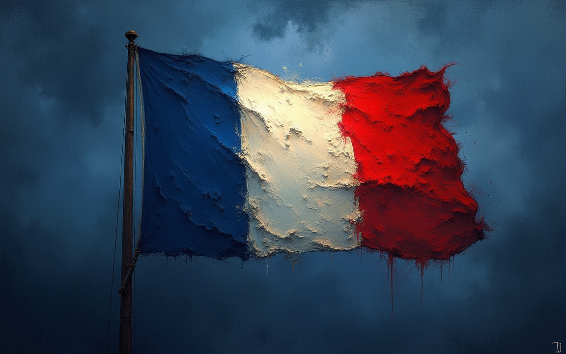 French flag in distress with tattered red section symbolizing political and economic turmoil